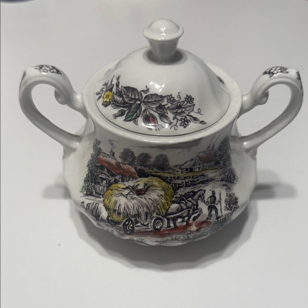 Vintage Yorkshire Ironstone Sugar Bowl with Farm Scene and Lid